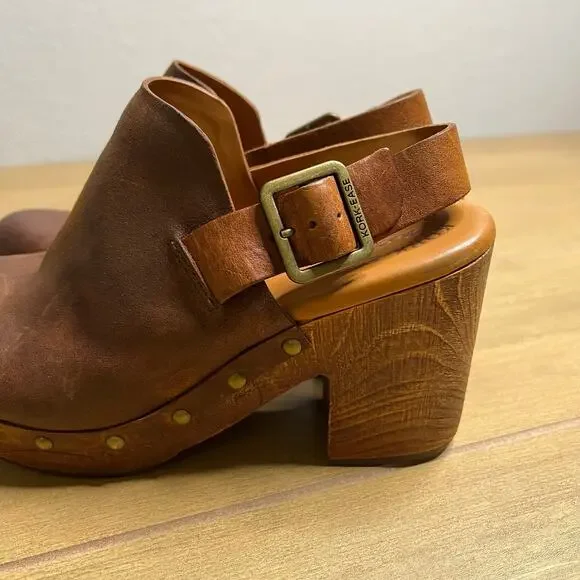 Kork-Ease Leather Platform Clog Heels Womens 9M Brown Slingback Wood Studded - Picture 2 of 16